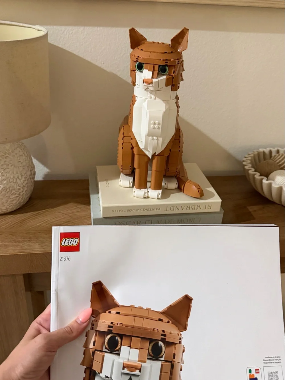 Lego Orange and White Cat Model with Green Eyes